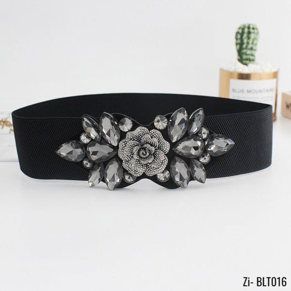 Rose Flower Rhinestone Inlaid Elastic Belt Ladies Black Corset Girdle