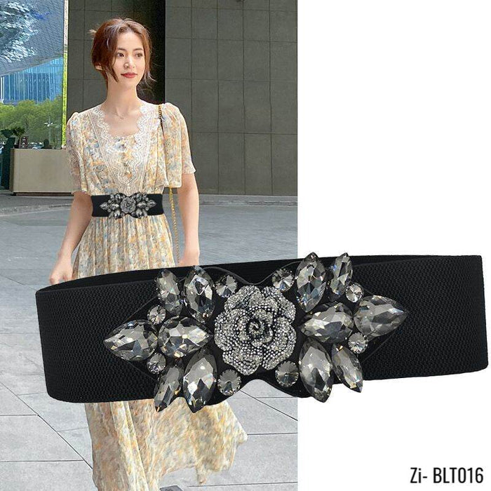 Rose Flower Rhinestone Inlaid Elastic Belt Ladies Black Corset Girdle