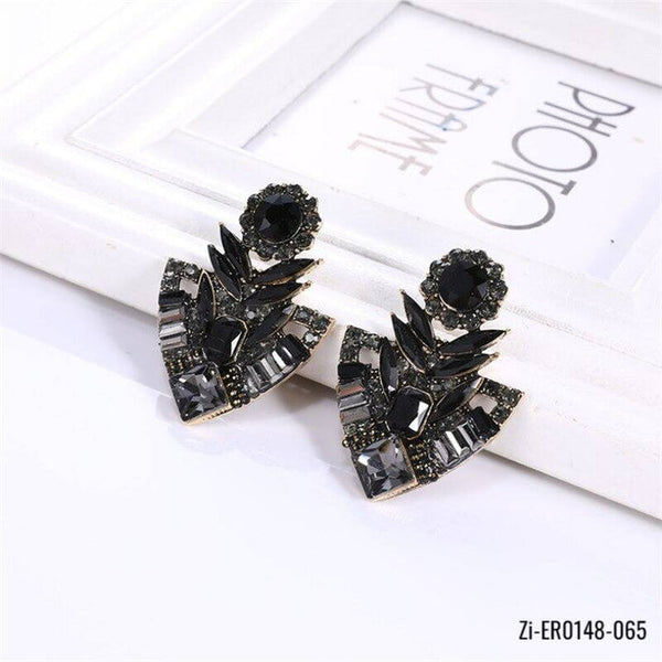 Black Rhinestone  Flower Drop Earrings