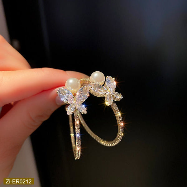 S925 Silver Needle New Pearl Diamond Butterfly Earrings