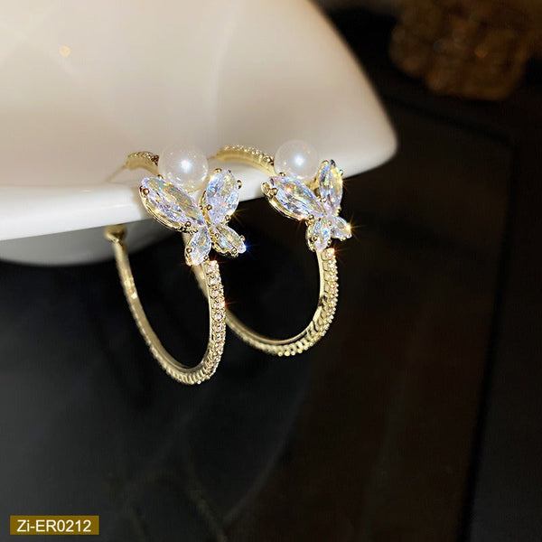 S925 Silver Needle New Pearl Diamond Butterfly Earrings