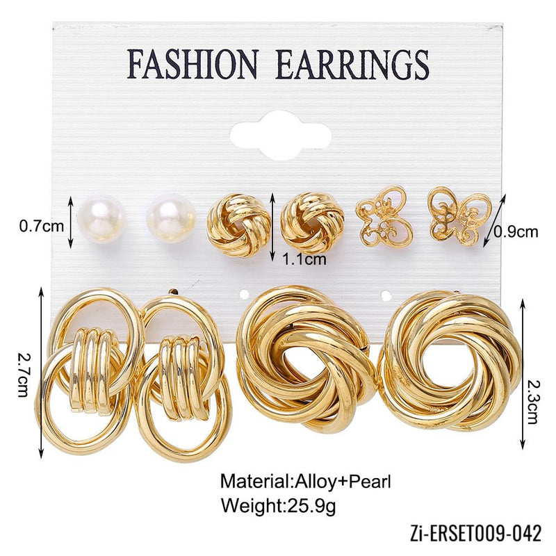 6 Pair Vintage Geometric Gold Metal Earrings Set