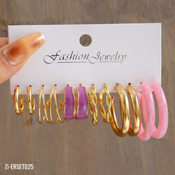 6Pairs/Set Enamel Purple Pink Acetic Cid Gold Metal Geometry Earrings