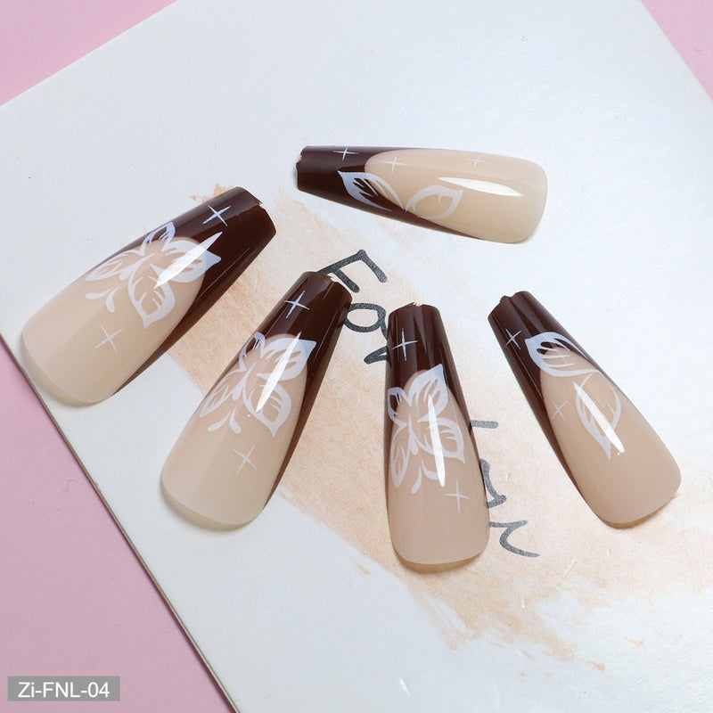 Medium-length Brown Butterfly Wearable Nails - 24Pcs