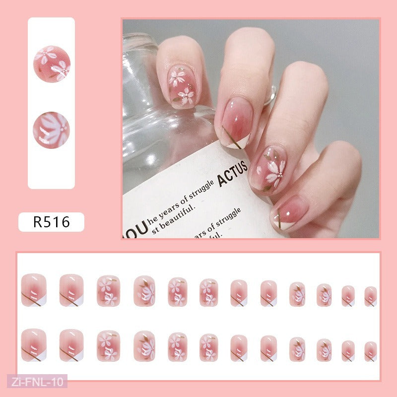 Pink Camellia Short Square Round Nails  - 24Pcs