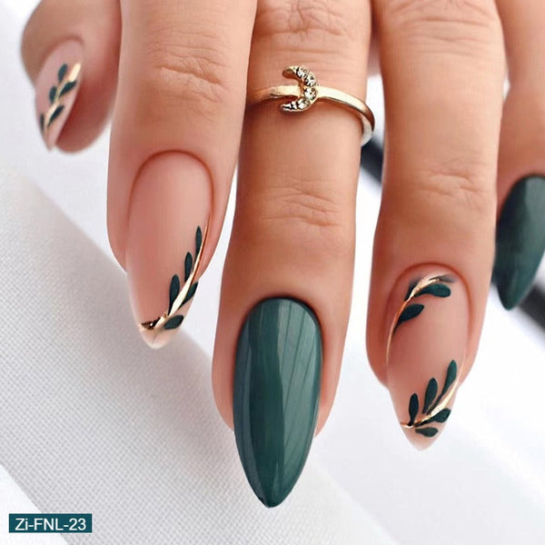 Cool and Simple Green Leaf Fake Nails  - 24Pcs