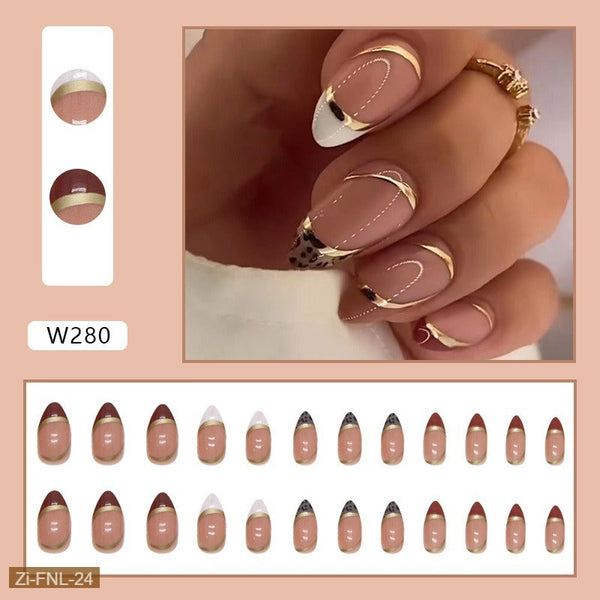 Gold Foil Color Matching Leopard Print French Fake Nails  - 24Pcs