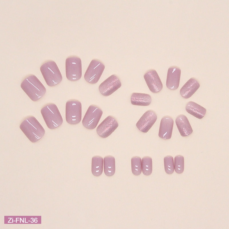 Short Taro Purple Gentle Aurora Glitter Fake Nails  - 24Pcs