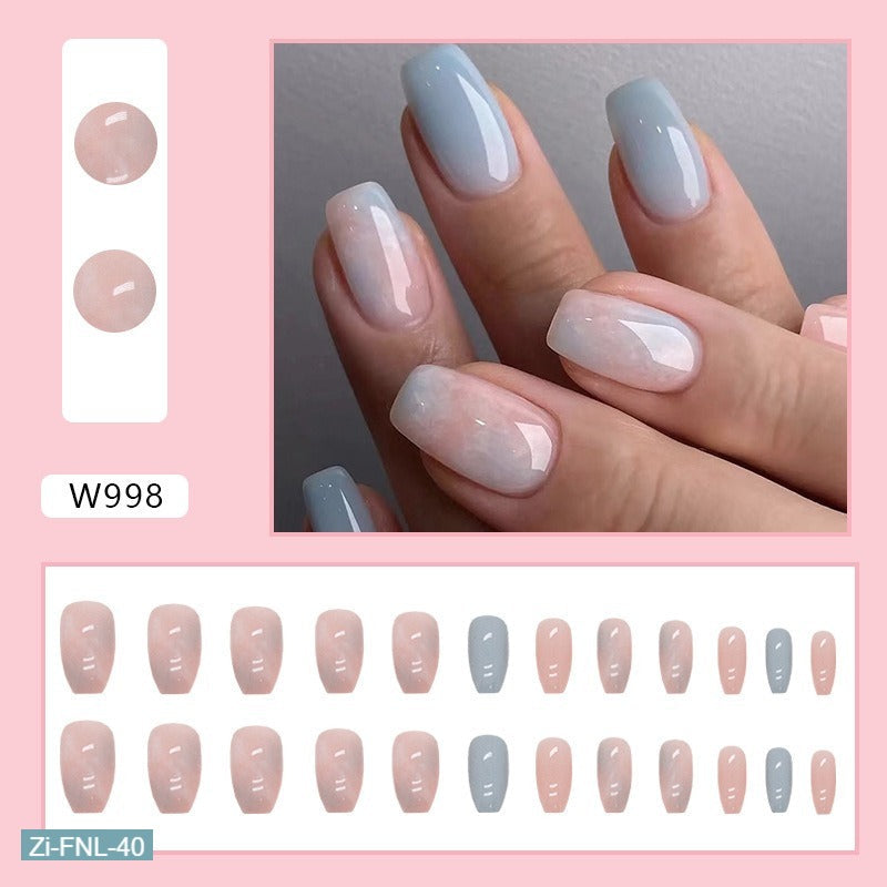 Short Ballet Pink and Blue Contrasting Marble Pattern Fake Nails  - 24Pcs