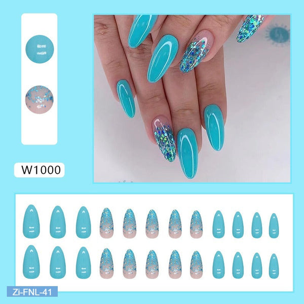 Blue and Green Nail Art Forest Candy Fake Nails  - 24Pcs