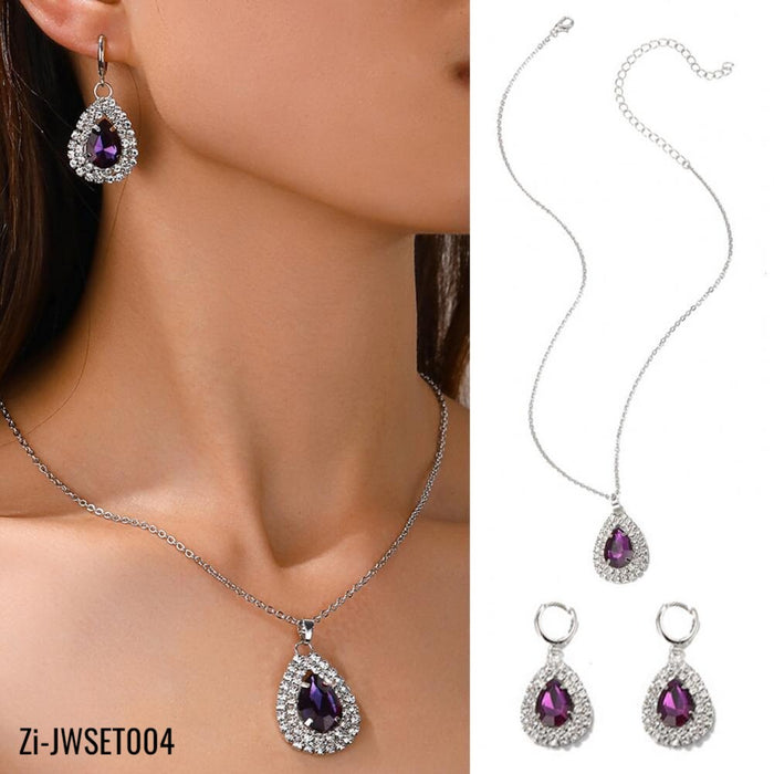 Luxury Amethyst Water Drop Pendant Necklace Earrings Jewelry Set