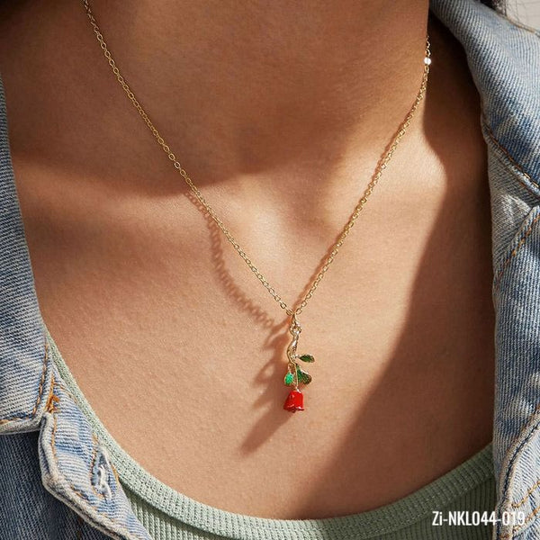 Unique Designs Trendy Green Leaf Red Flower Necklace