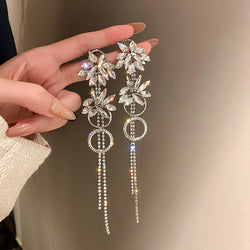 925 Silver Needle Diamond Flower Tassel Earrings