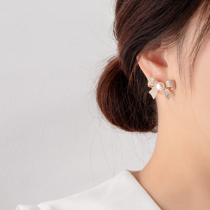 S925 Silver Needle Pearl Bow Stud Earrings