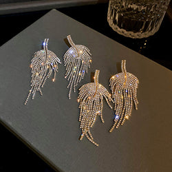 925 Silver Needle Diamond Leaf Tassel Earrings
