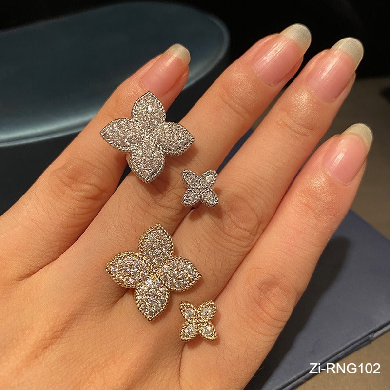Cute Flower Gold Silver Color Adjustable Rings with Bling Zircon Stone
