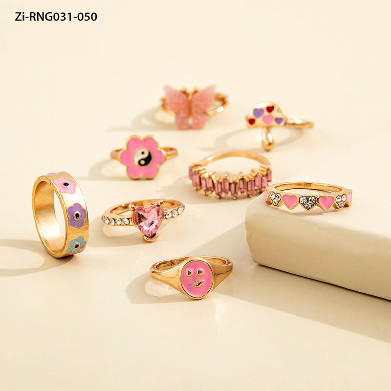 Cute Pink Crystal Rings  8Pcs Set