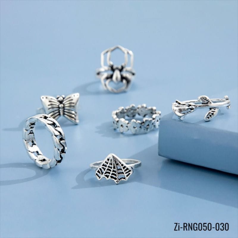 6 Pcs/Set Fashion Silver Color Butterfly Spider Rings Set