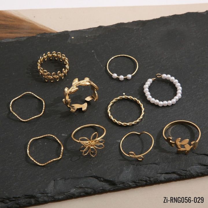 10pcs/set Bohemian Gold Color Leaves Flower Kunckle Midi Ring Set