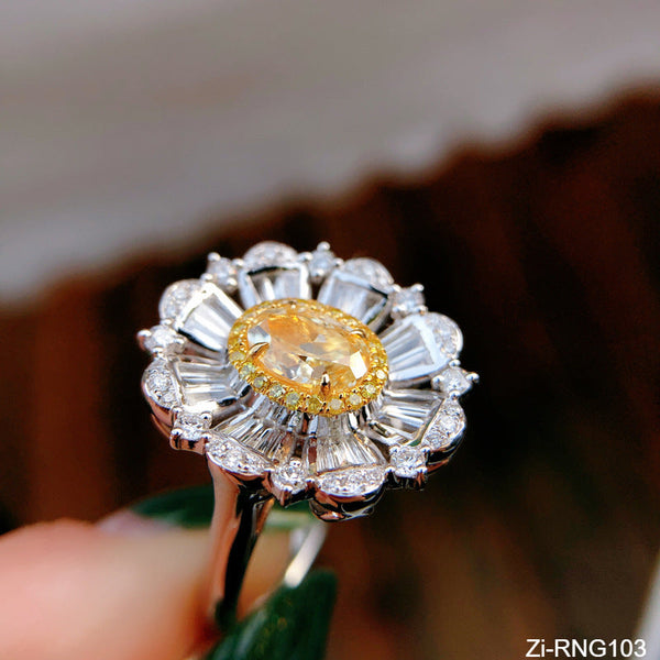 Silver Color Big Flower Design Ring Gorgeous Yellow CZ