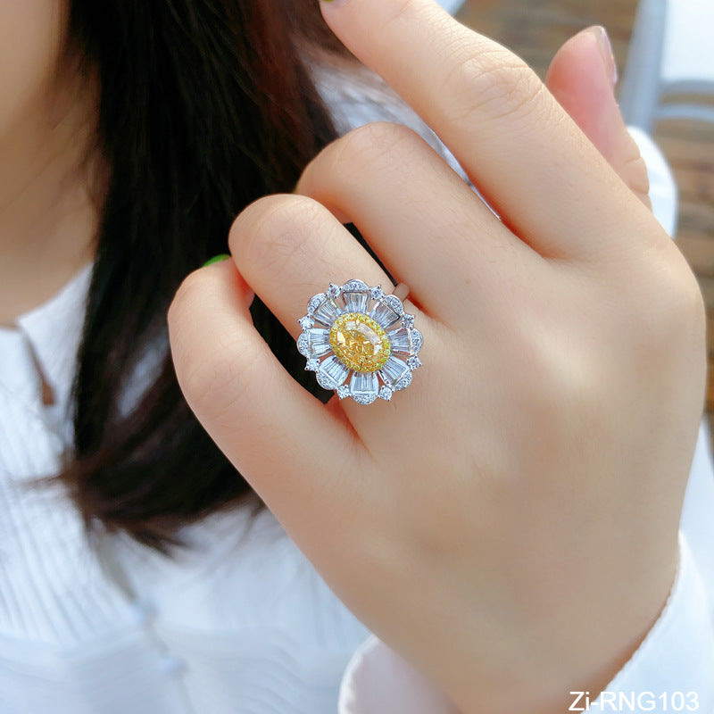 Silver Color Big Flower Design Ring Gorgeous Yellow CZ