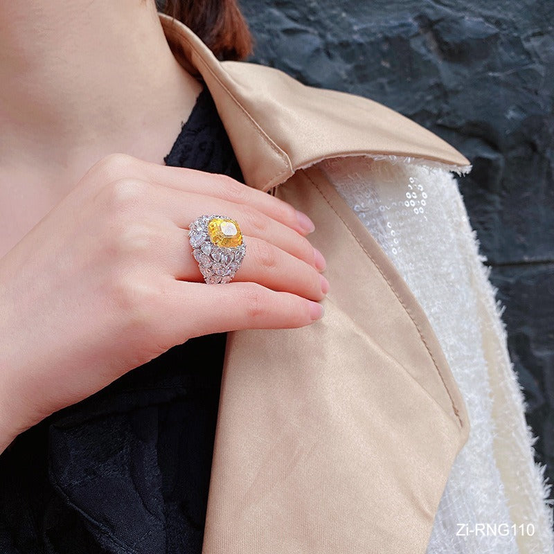 Big Crystal Sterling Silver Yellow Ring