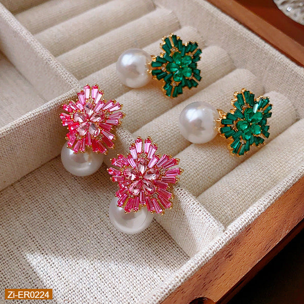 Diamond Flower Pearl Earrings