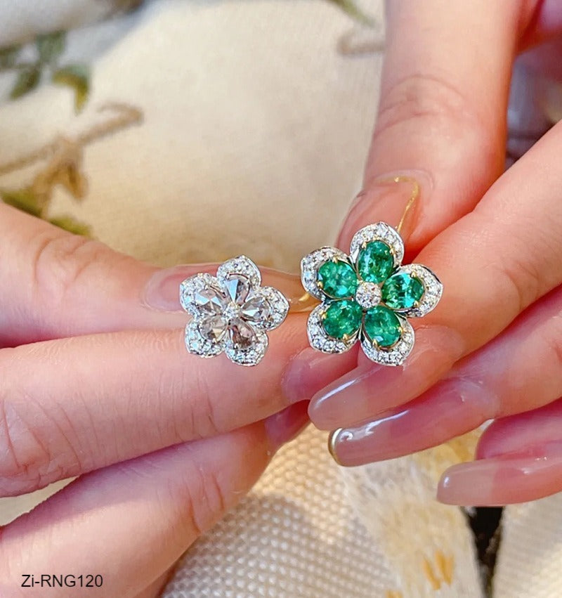 Beautiful White Green Flower Rings With Shinning Rhinestones Adjustable Ring