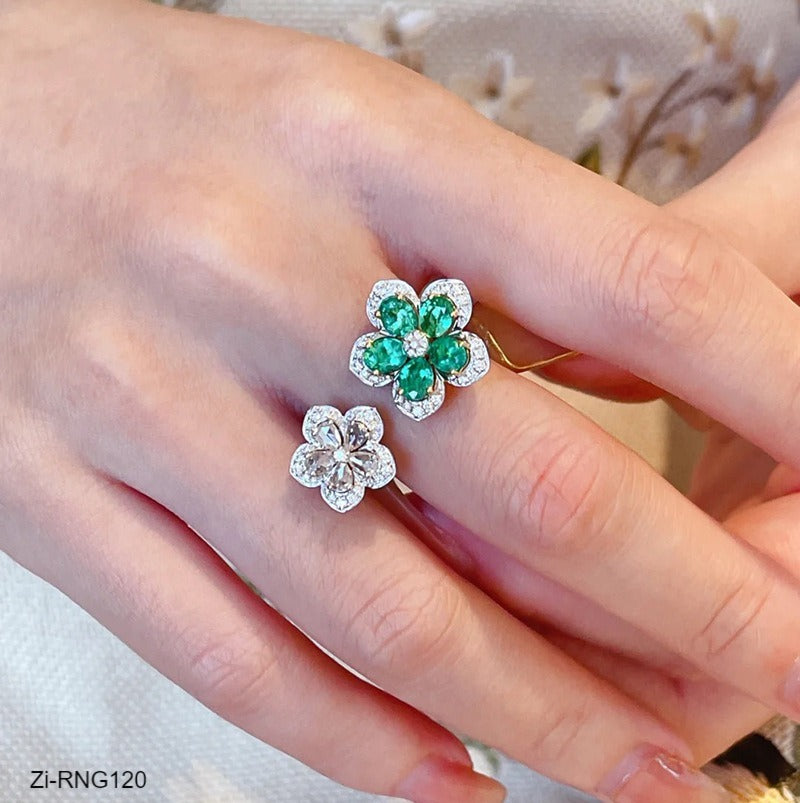 Beautiful White Green Flower Rings With Shinning Rhinestones Adjustable Ring