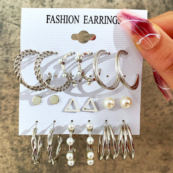 9 Pairs Silver Color Chunky Hoop Earrings Set