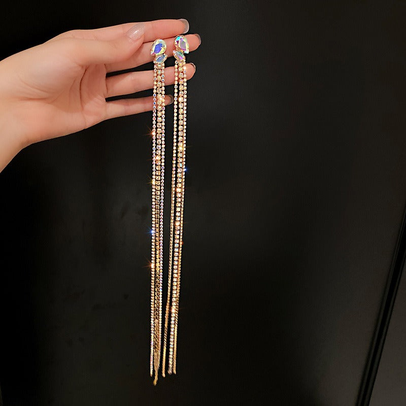 925 silver needle and diamond long tassel earrings