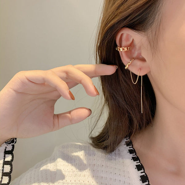 2 Piece Metal Clip Earrings Without Piercing Long Chain Earcuff