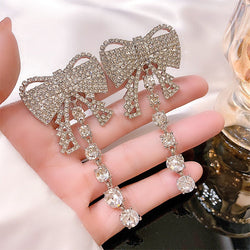 925 Silver Needle Korean Bow Pearl Rhinestone Earrings