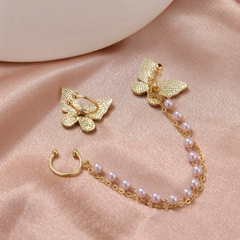 S925 silver needle Korean asymmetric full diamond butterfly pearl tassel