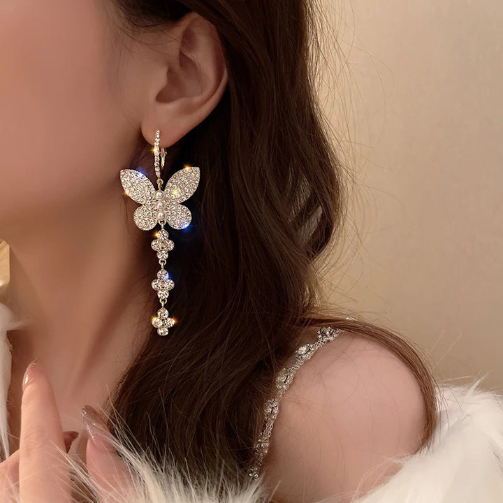 Fashion Butterfly Rhinestone Long Tassel Drop Earrings