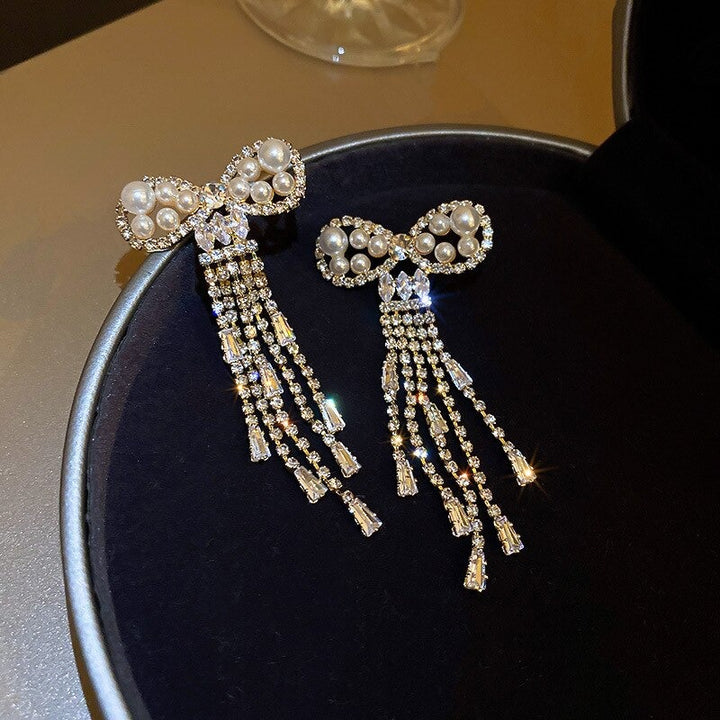 Pearl Bowknot Crystal Tassel Long Earrings