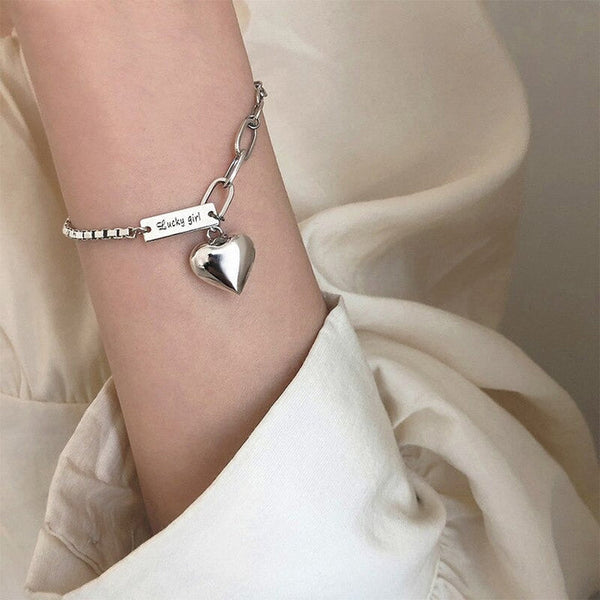 Fashion Punk Silver Color Chain Heart Gemetric Pendant Bracelet