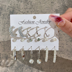 Geometric Silver Pearl Earrings 9 Pair Set