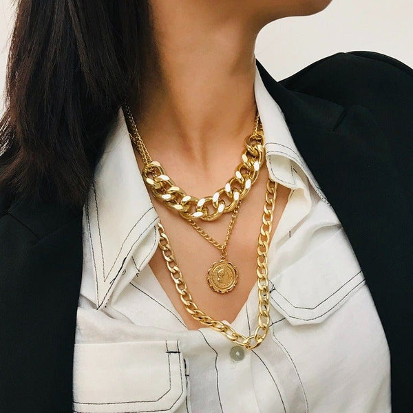 Thick Chain Queen Pendant Multi-Layer Hip Hop Necklace