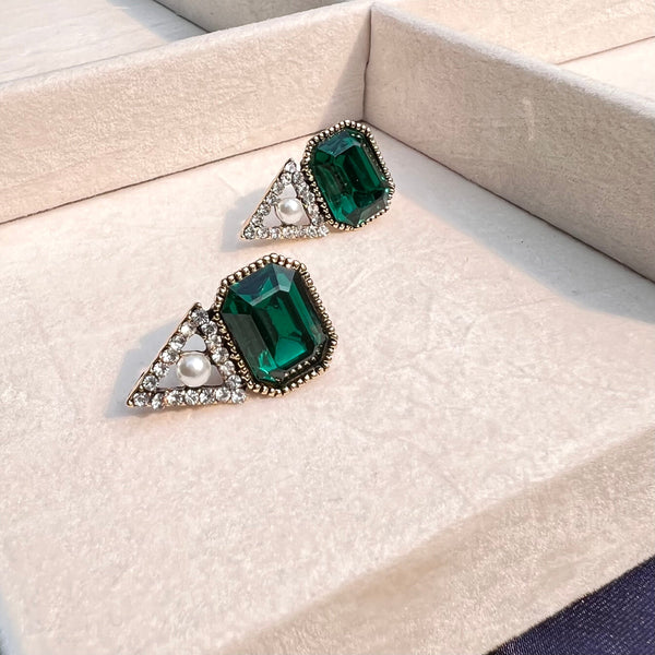 Green Square Crystal Stone Piercing Earrings - ZN504