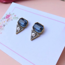 Blue Square Crystal Stone Piercing Earrings - ZN503